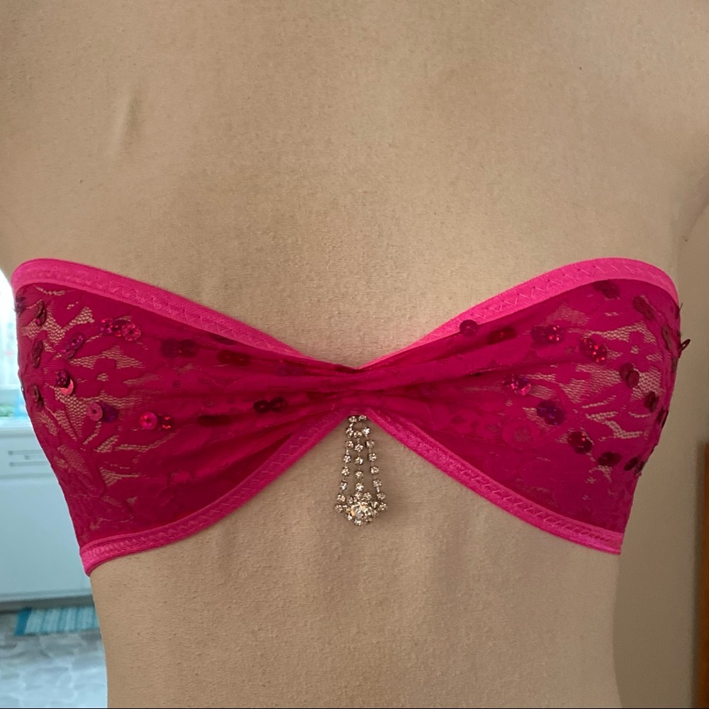 Hot pink lace bandeau bra strapless sequins crystal